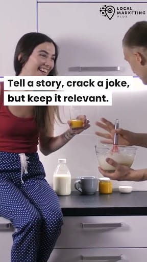 Two people laughing in kitchen with text about storytelling for content marketing