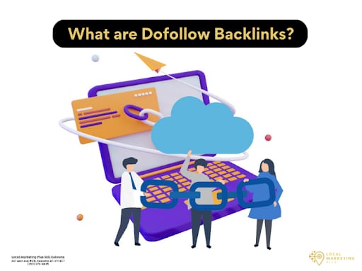 Three people holding chain links beside a laptop illustrating dofollow backlinks