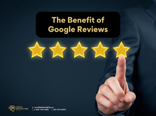 Person pointing at five gold stars representing Google review benefits